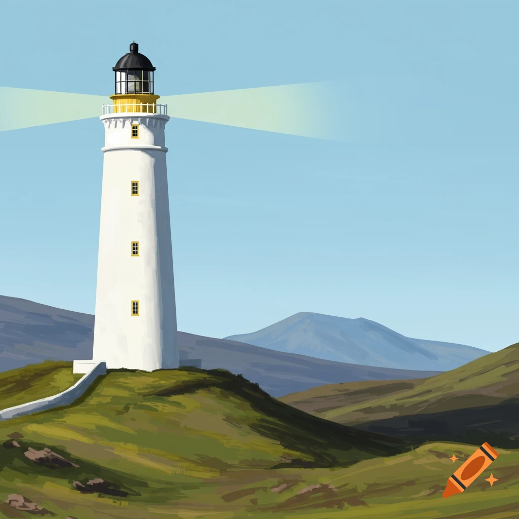 A white lighthouse on a green hill overlooking rolling hills and mountains under a blue sky.