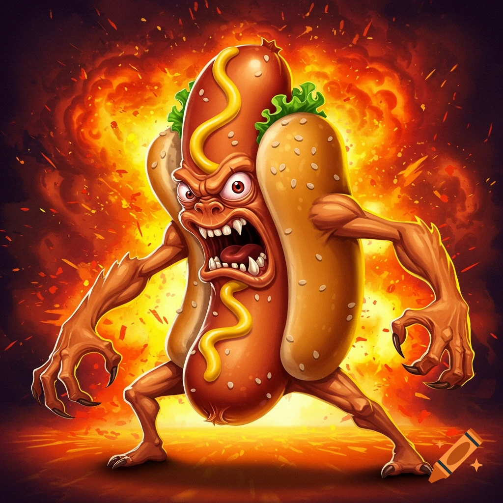 Angry hotdog monster with claws standing against a fiery explosion, digital illustration.
