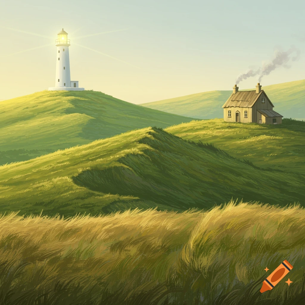 A landscape with rolling hills, a white lighthouse, and a tan cottage.