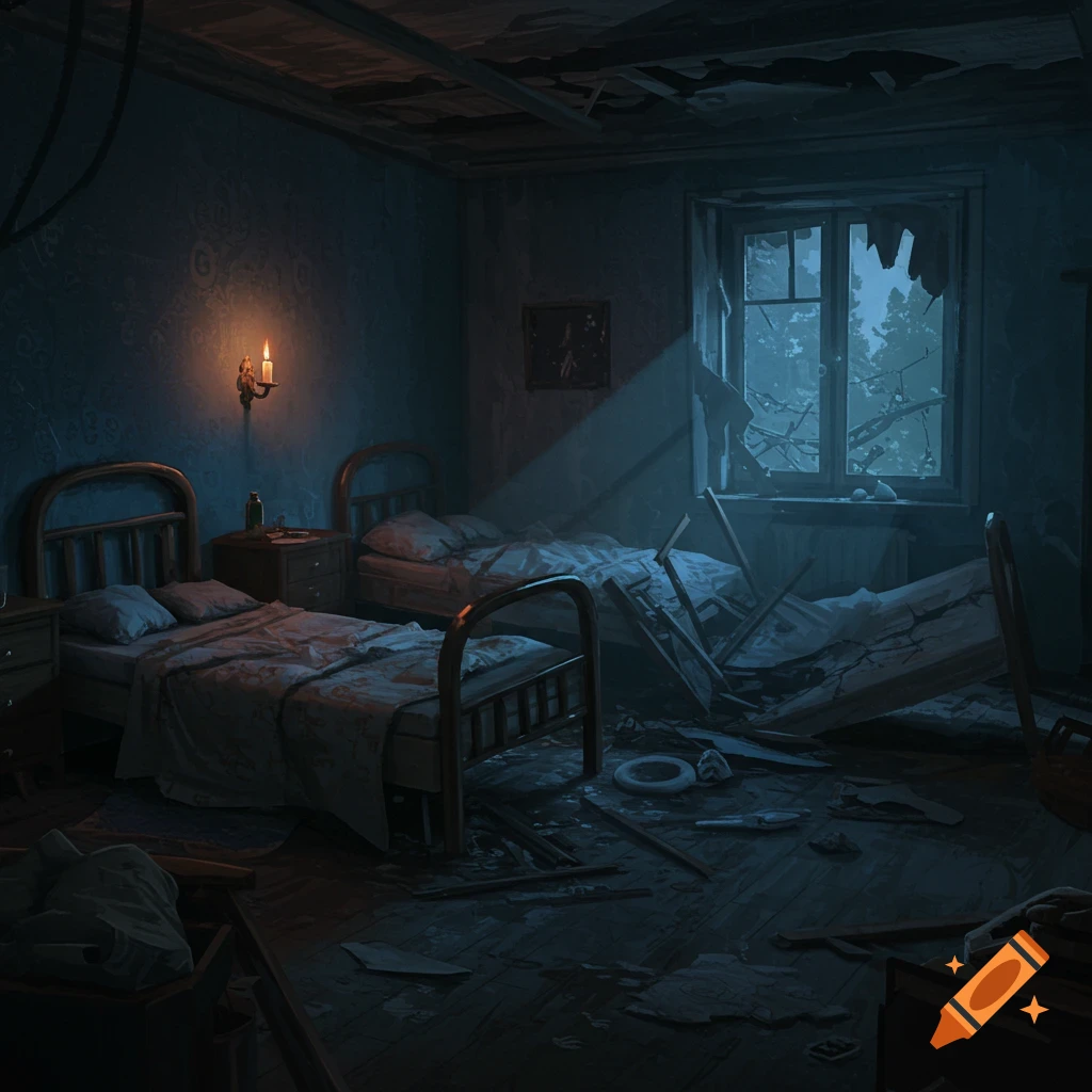 A darkly lit, abandoned room with two smashed beds and debris.
