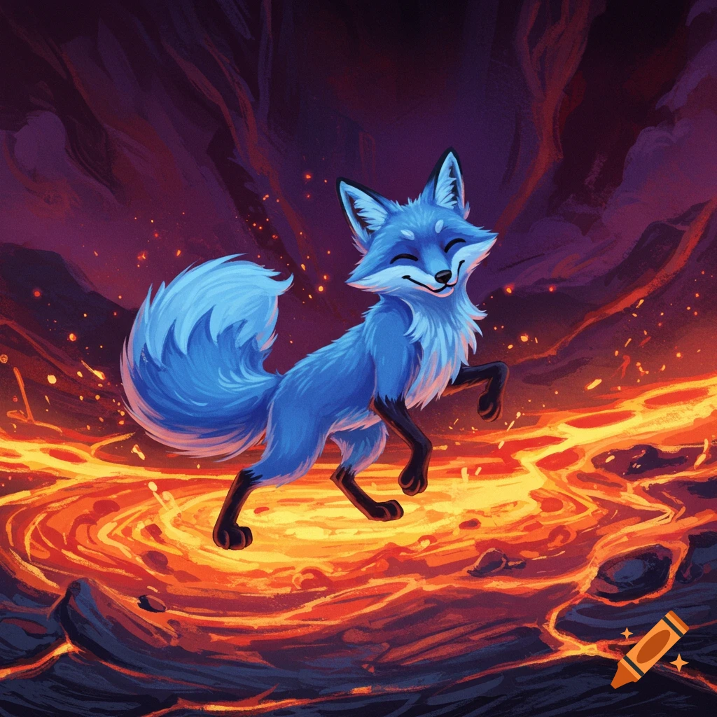 A blue fox dancing over bubbling lava