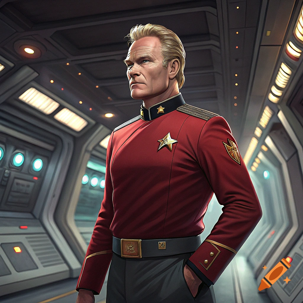 Man in red futuristic uniform stands in spaceship corridor.