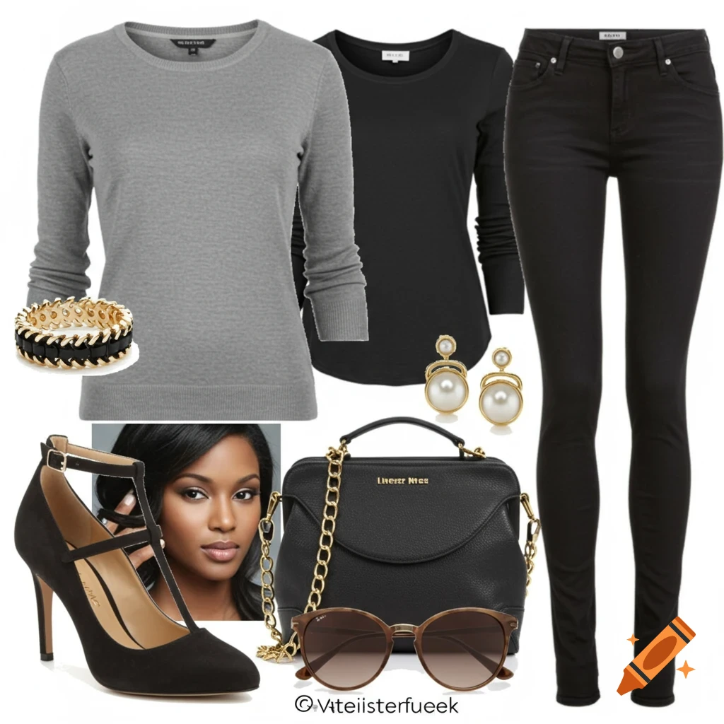 A collage of women's clothing items including a grey sweater, black top, black jeans, black heels, black handbag, sunglasses, and a bracelet.