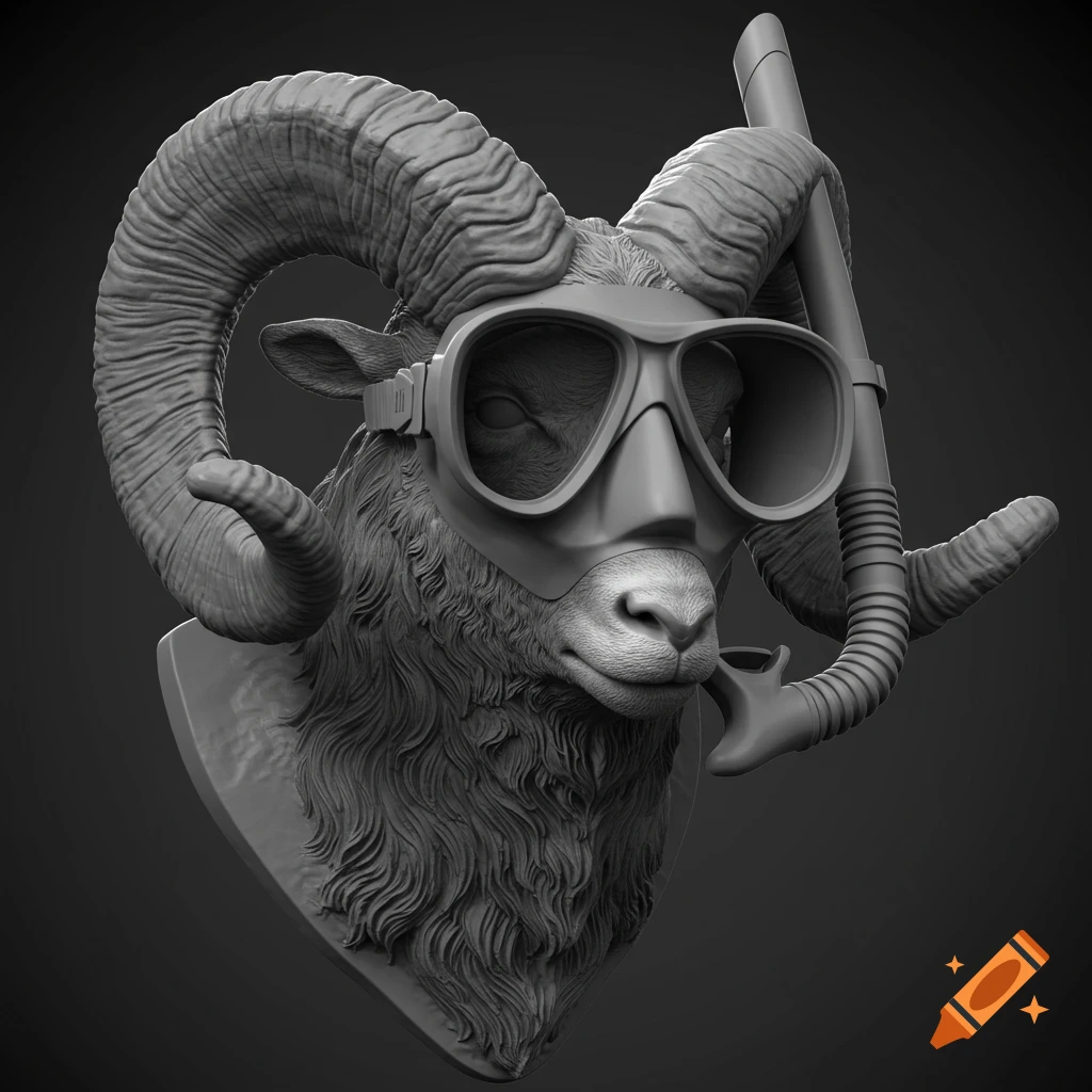 Grayscale 3D sculpture of a ram's head wearing a scuba mask and snorkel.