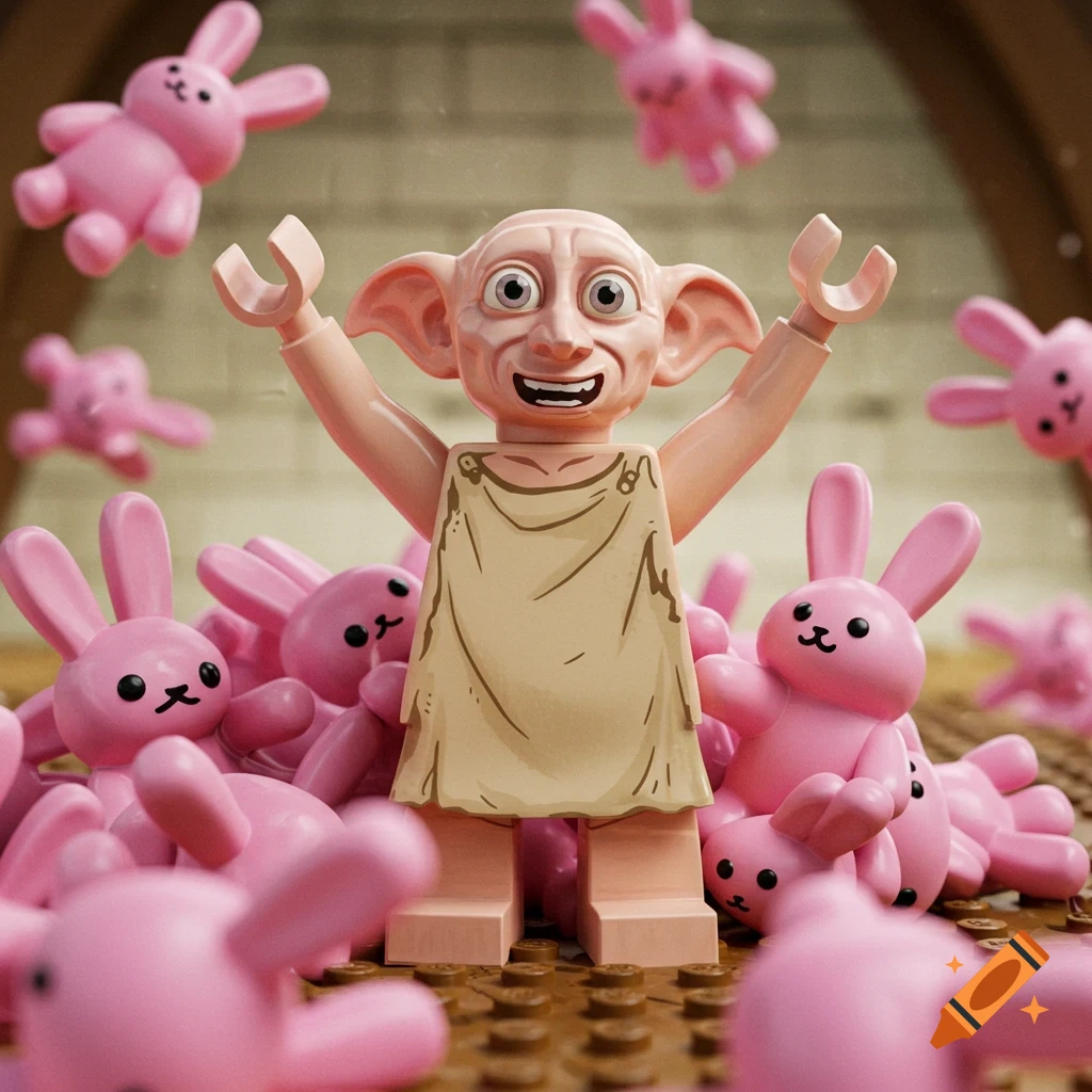 Lego Dobby figure cheers surrounded by pink bunnies in a digital rendering.