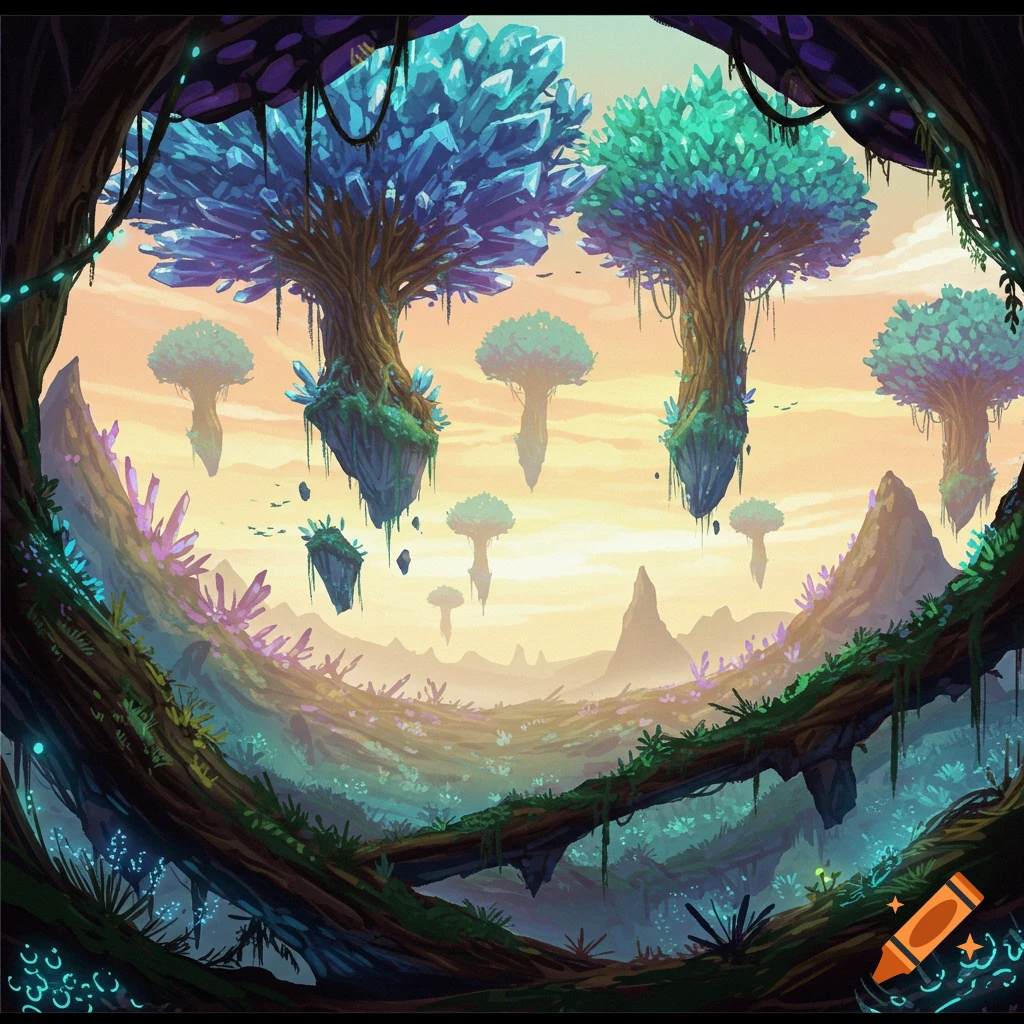 A fantasy landscape with floating crystal trees on islands, viewed through a natural archway.
