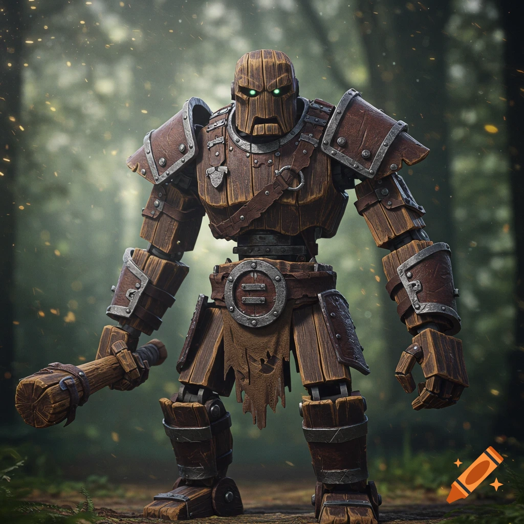 A wooden golem barbarian with armor and a club stands in a misty forest.