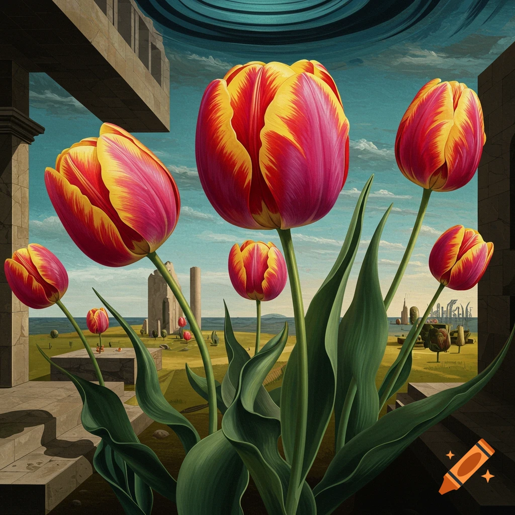 Surreal painting of giant tulips in a landscape with abstract architecture.