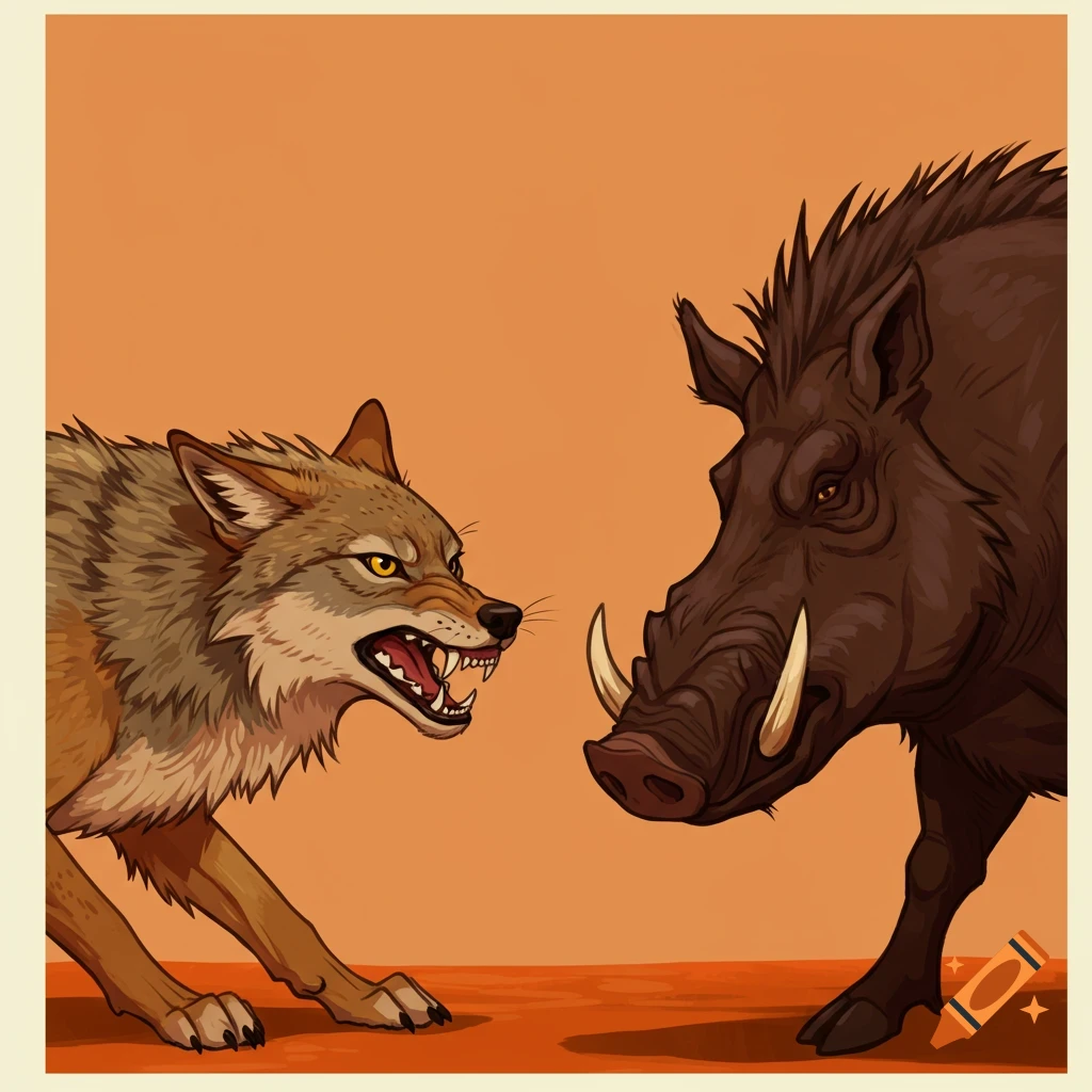 A snarling coyote facing off against a wild boar.