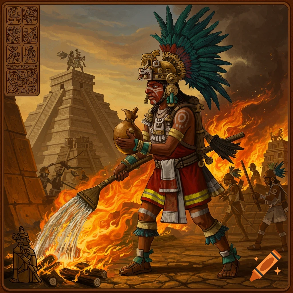 An Aztec figure fighting fires with water from a pitcher and device near a pyramid and other figures.
