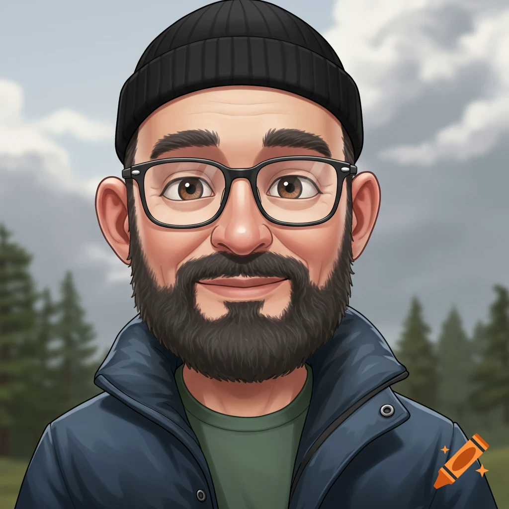 Cartoon portrait of a man with a beard, glasses, and black beanie, set against a blurry forest background.