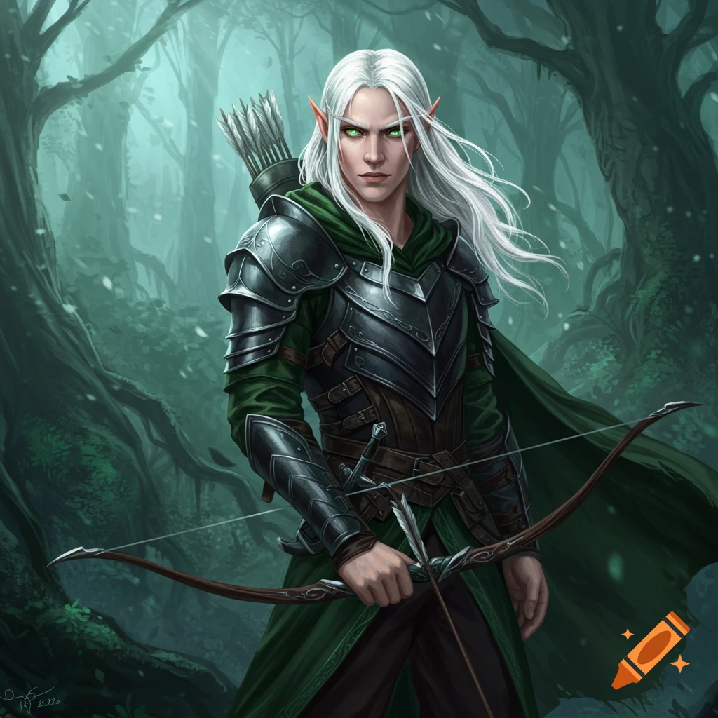 A male elf with white hair, green eyes, armor, and bow in a misty forest.