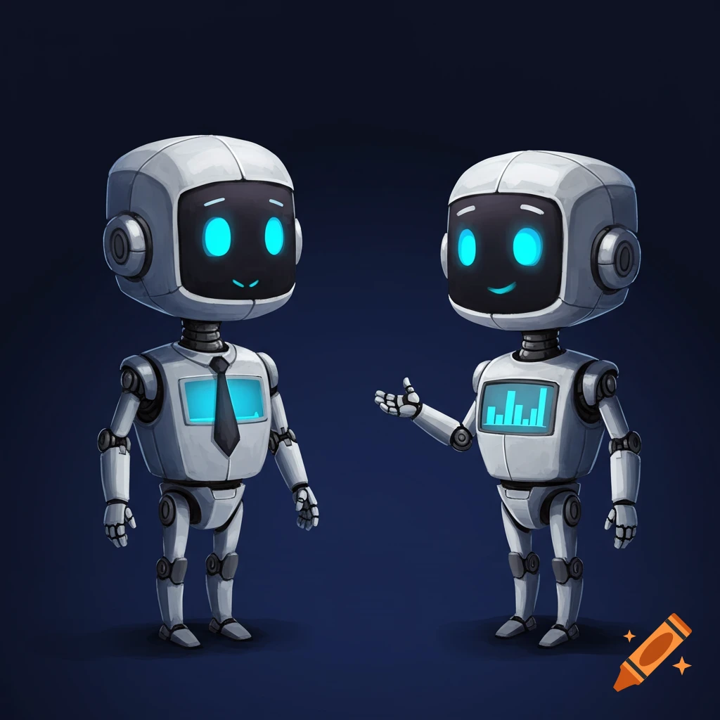 Two cartoon robots talking on a dark background, one wearing a tie, the other with a data display.