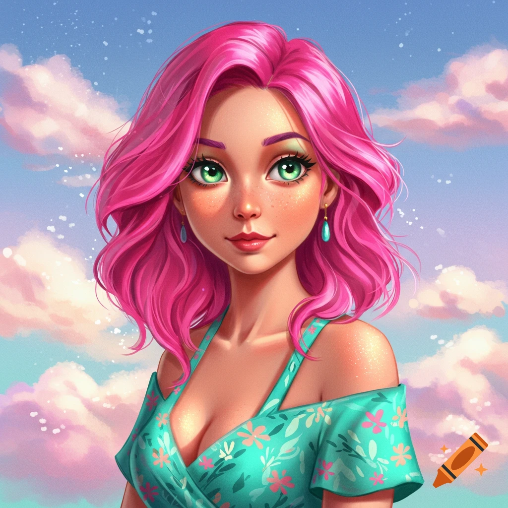 A woman with bright pink hair, green eyes, and freckles wears a floral dress under a cloudy sky.