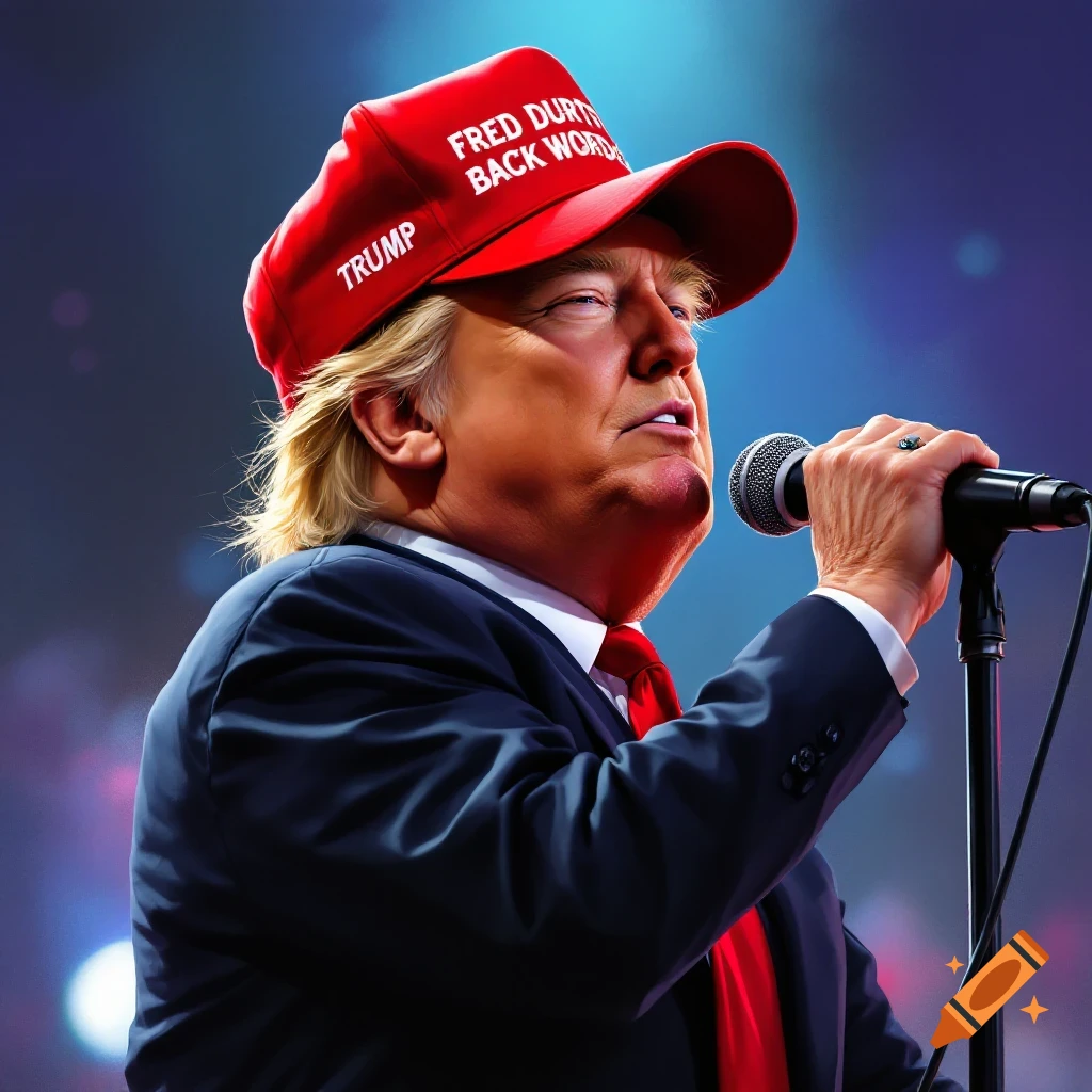 Donald Trump is on stage rapping into a microphone, wearing a backward red hat.