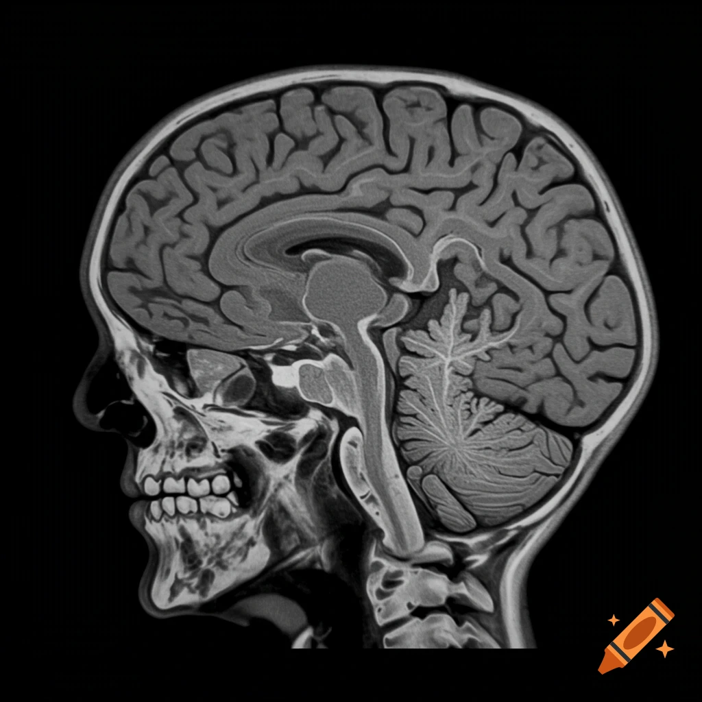 A sagittal medical scan showing a detailed view of a human brain and skull in grayscale.