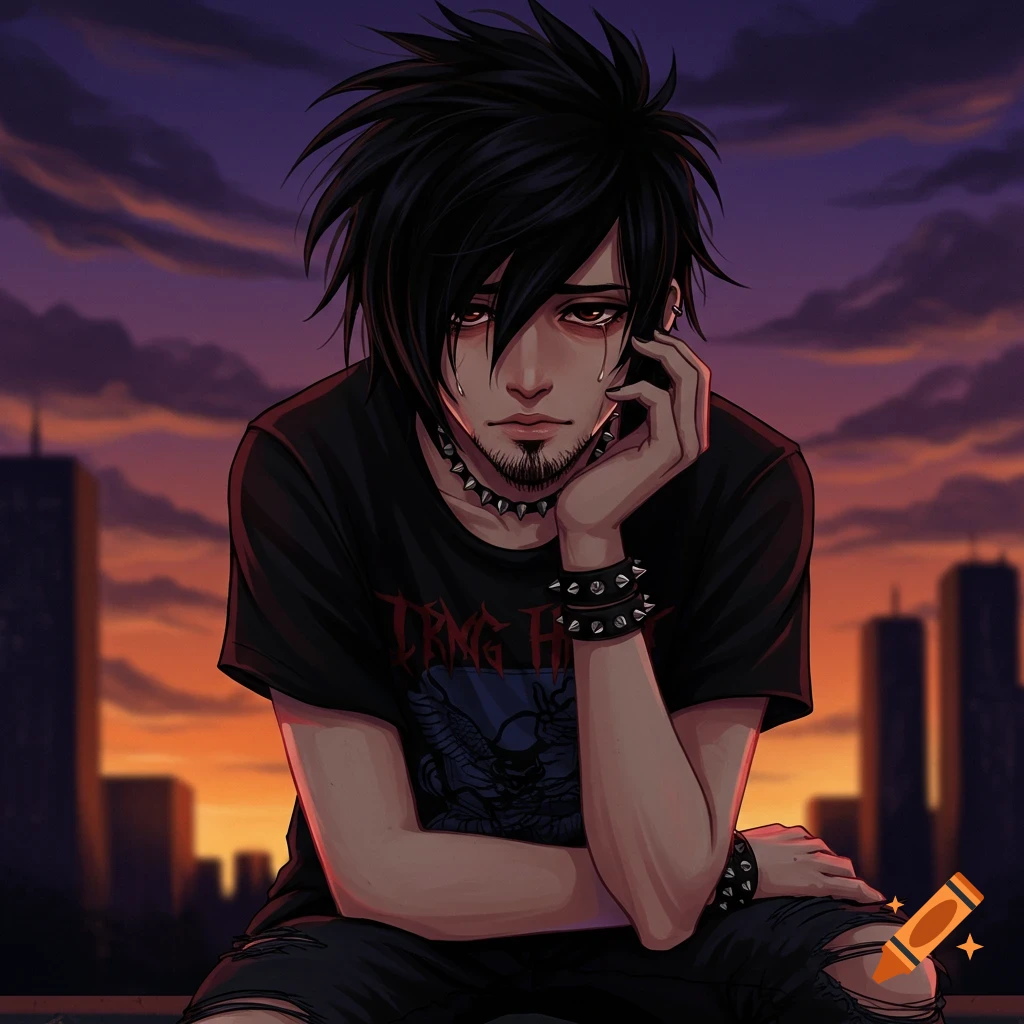 Anime style portrait of a sad emo man with black hair and spike accessories sitting on a rooftop at sunset.