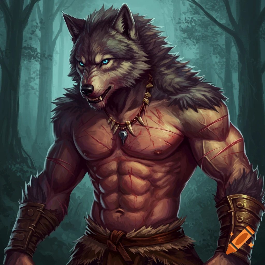 A muscular werewolf with scars and glowing eyes in a forest.