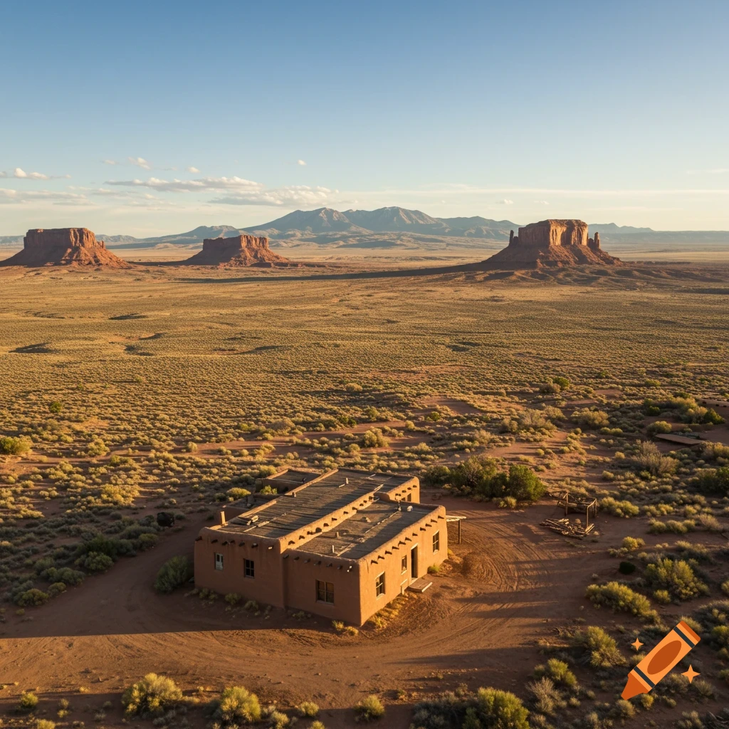 A building in a desert landscape with buttes and mountains under a clear sky