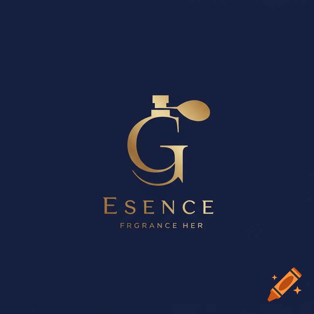 Gold 'G' perfume bottle logo with 'ESENCE FRGRANCE HER' text on blue background.