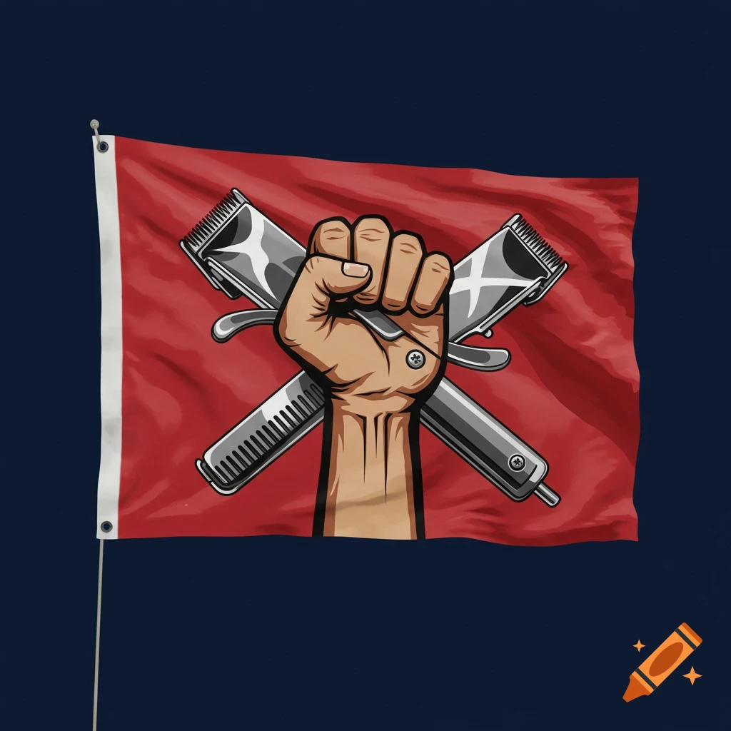 Red flag with a raised fist holding crossed hair clippers, vector art style