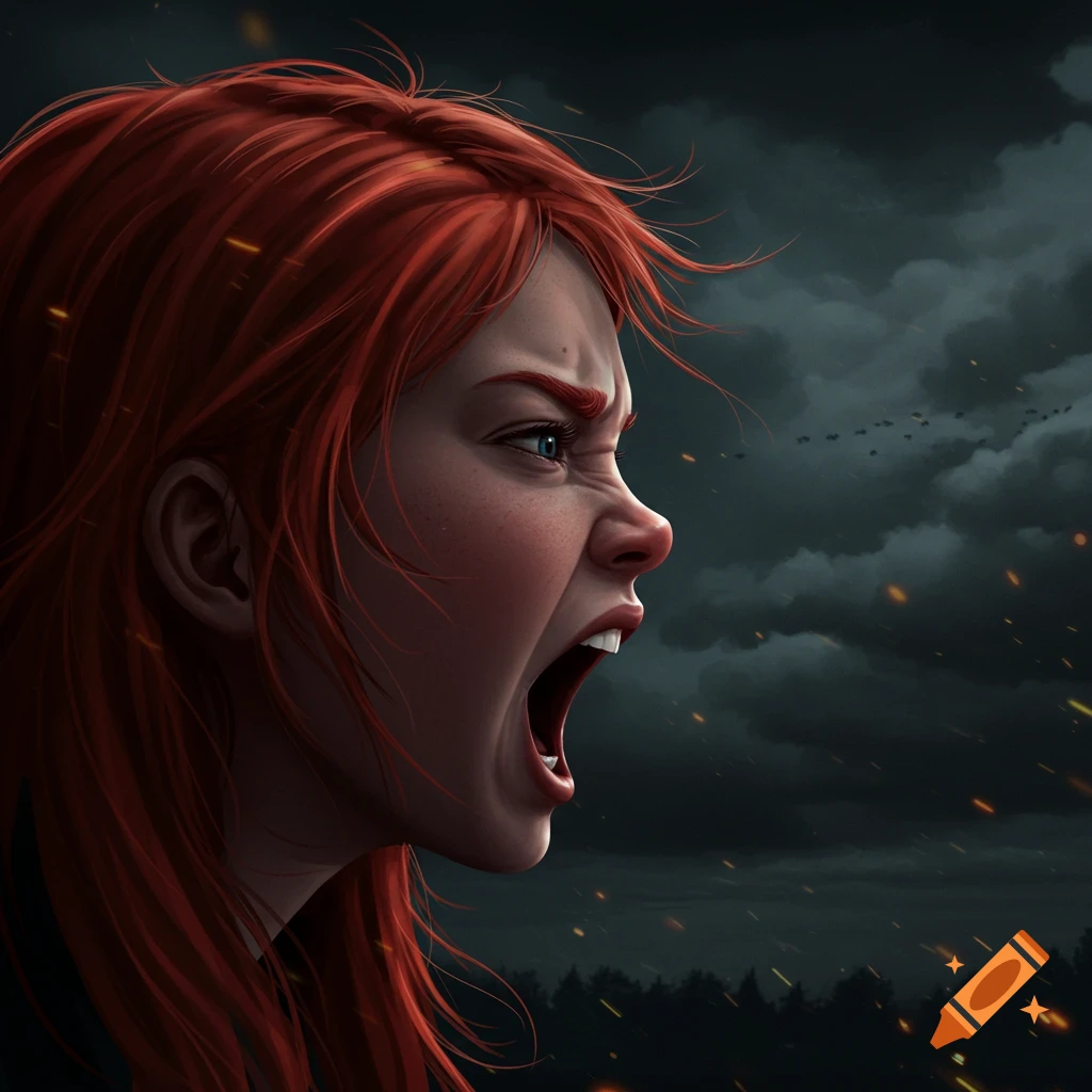 Painting of a girl yelling with an intense look against a gloomy sky.