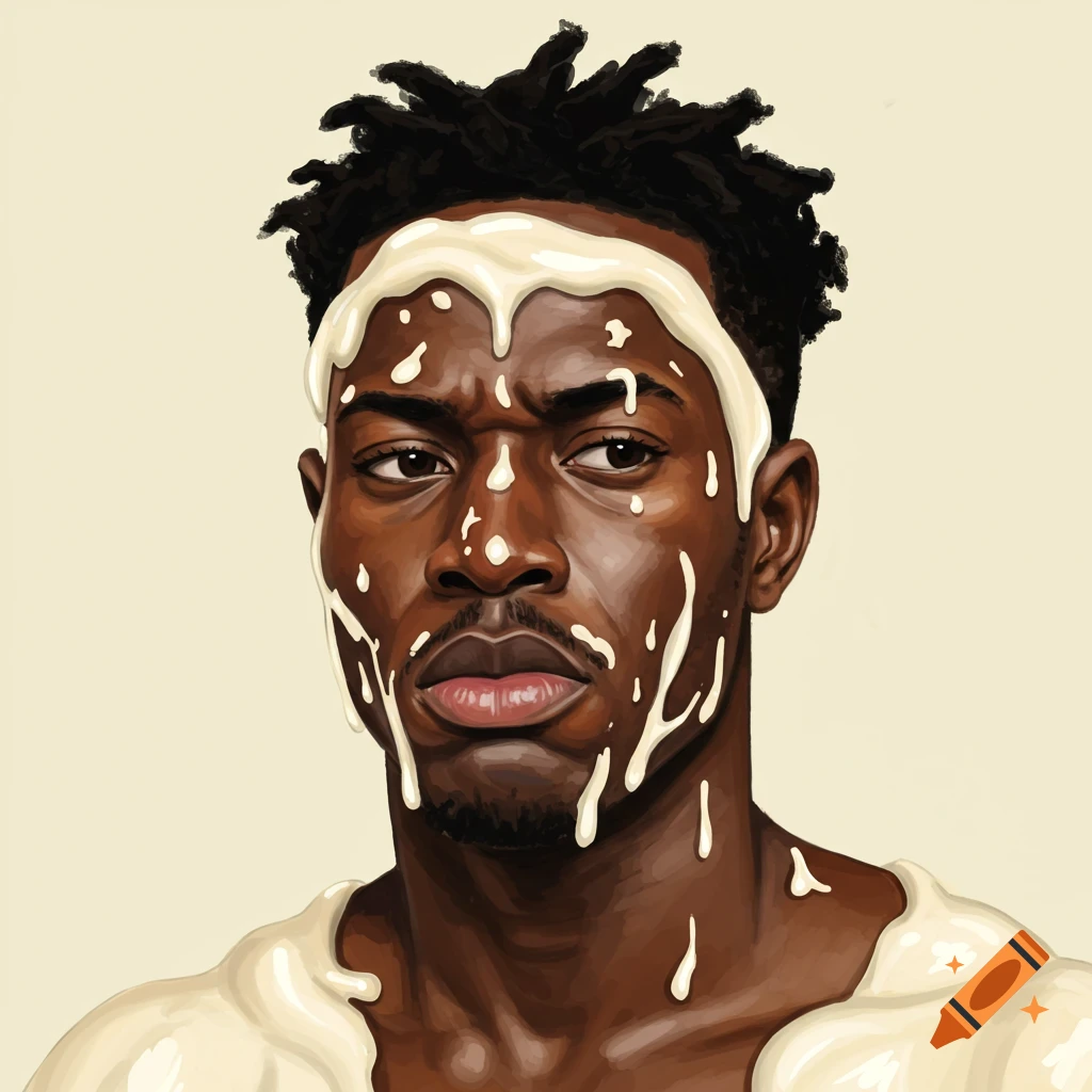 A man's face and chest are covered in a dripping white substance.