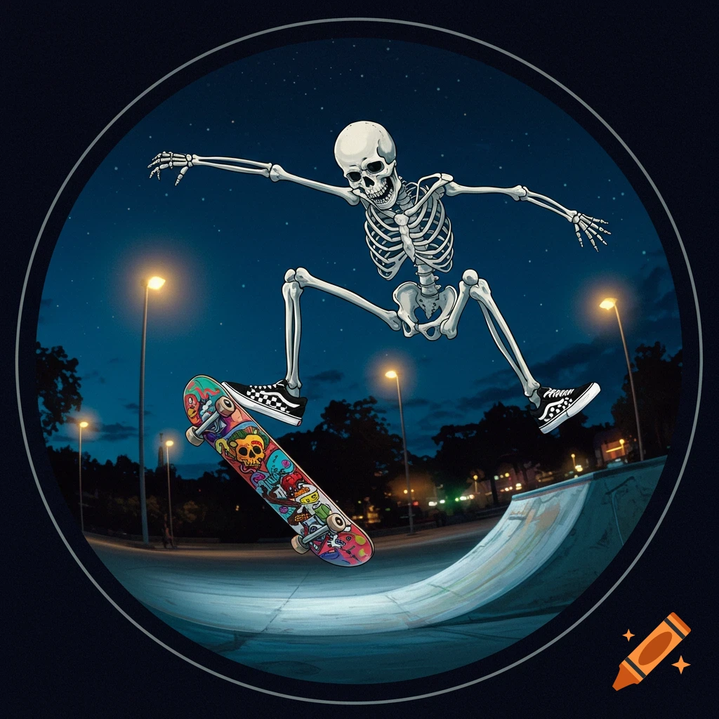 Skeleton skateboarding at night in a fish-eye view