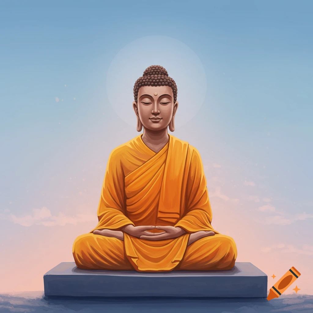 A Buddha meditating cross-legged on a platform against a pastel sky.