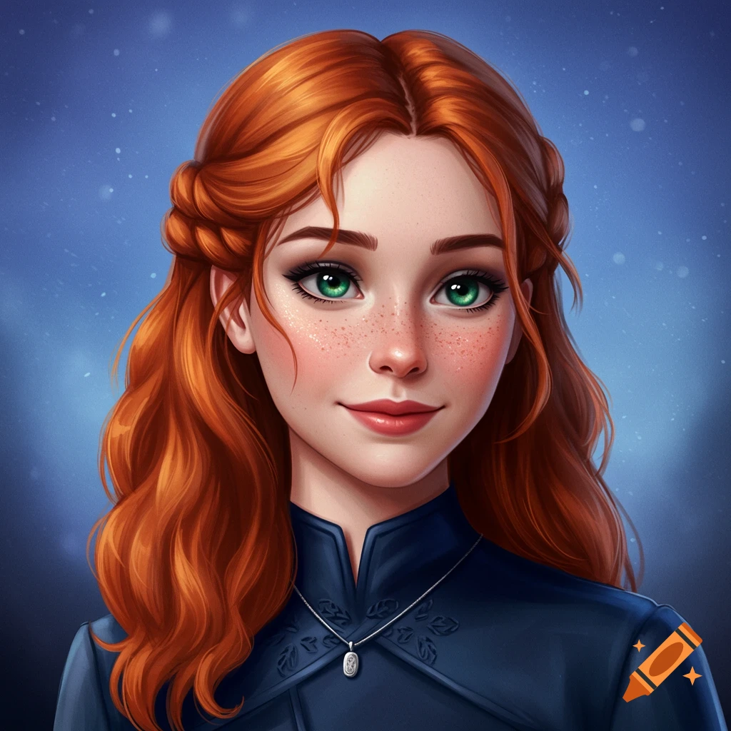 Portrait of a young woman with red hair, green eyes, and freckles.