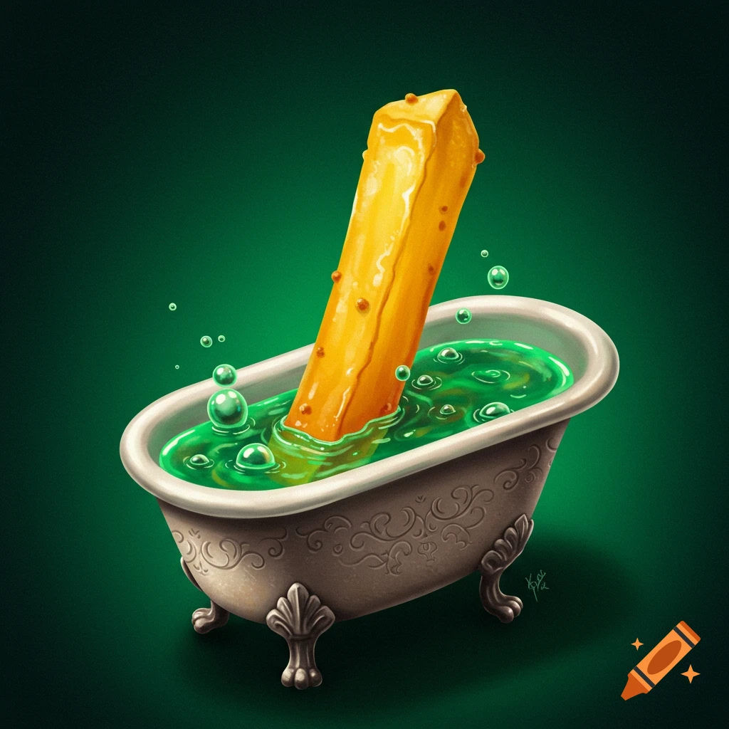 A large french fry standing in a bathtub filled with green bubbly liquid.