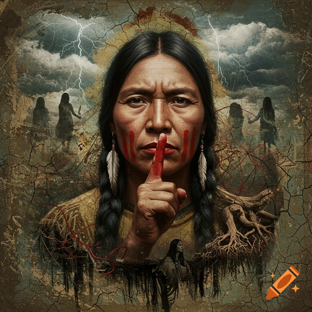 Indigenous woman with red face paint and finger on mouth, storm clouds, cracked earth background.