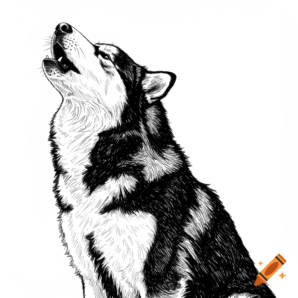 Black and white illustration of a Malamute dog howling