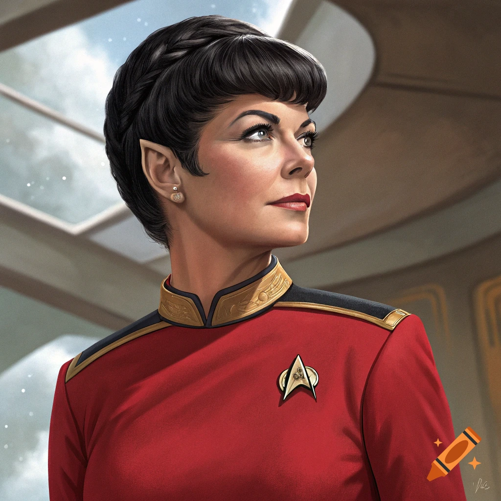 Portrait of a woman with braided hair and pointed ears in a red Starfleet uniform looking up