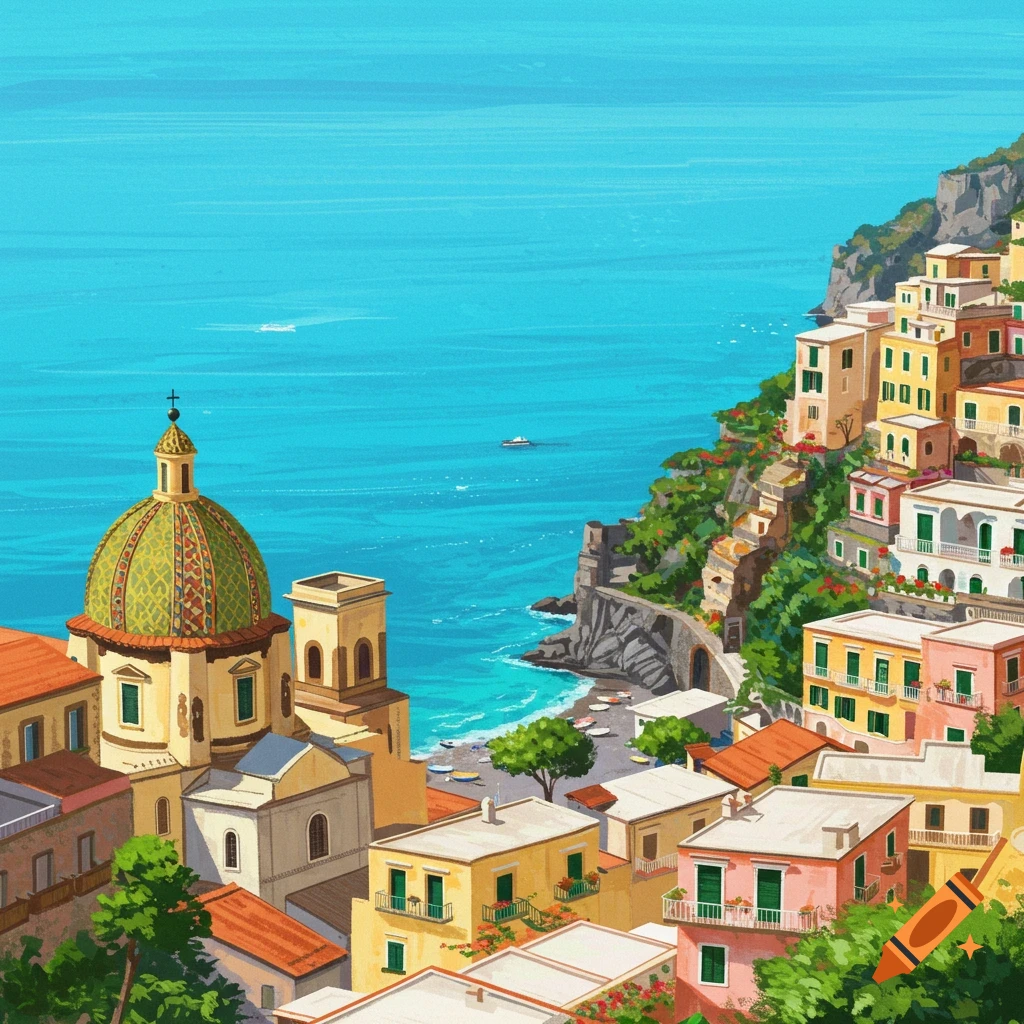 A view of colorful buildings on a hillside overlooking the sea, with a church dome in the foreground.