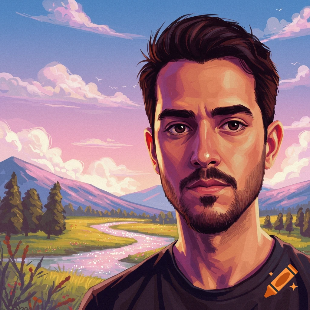 A man with a beard looks at the camera, in a landscape with a river and mountains
