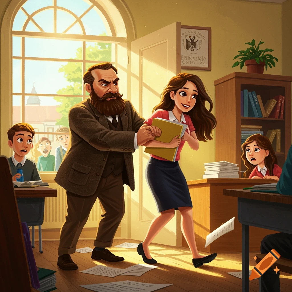 Cartoon scene of a man escorting a woman from a classroom as students watch.