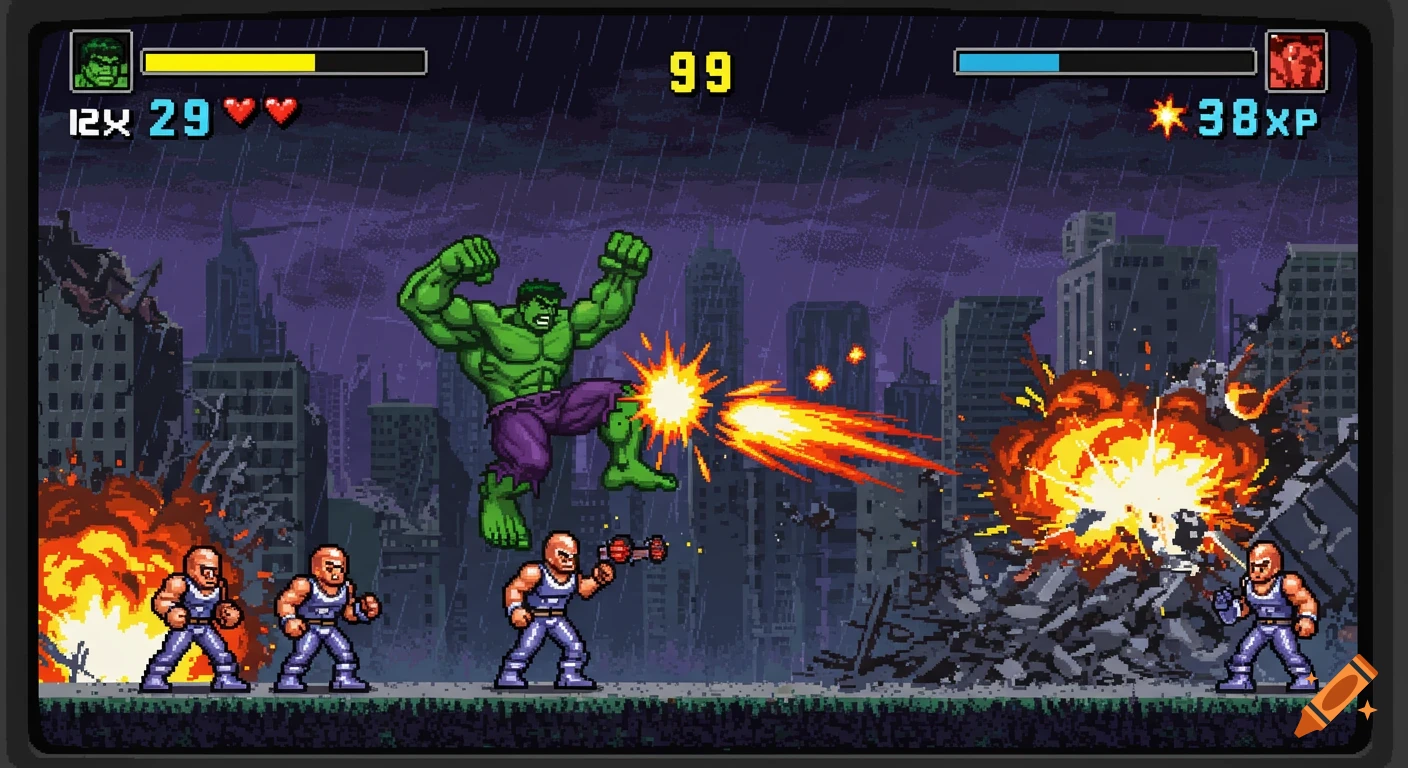Pixel art 8-bit video game screen showing Hulk fighting enemies in a destroyed city.