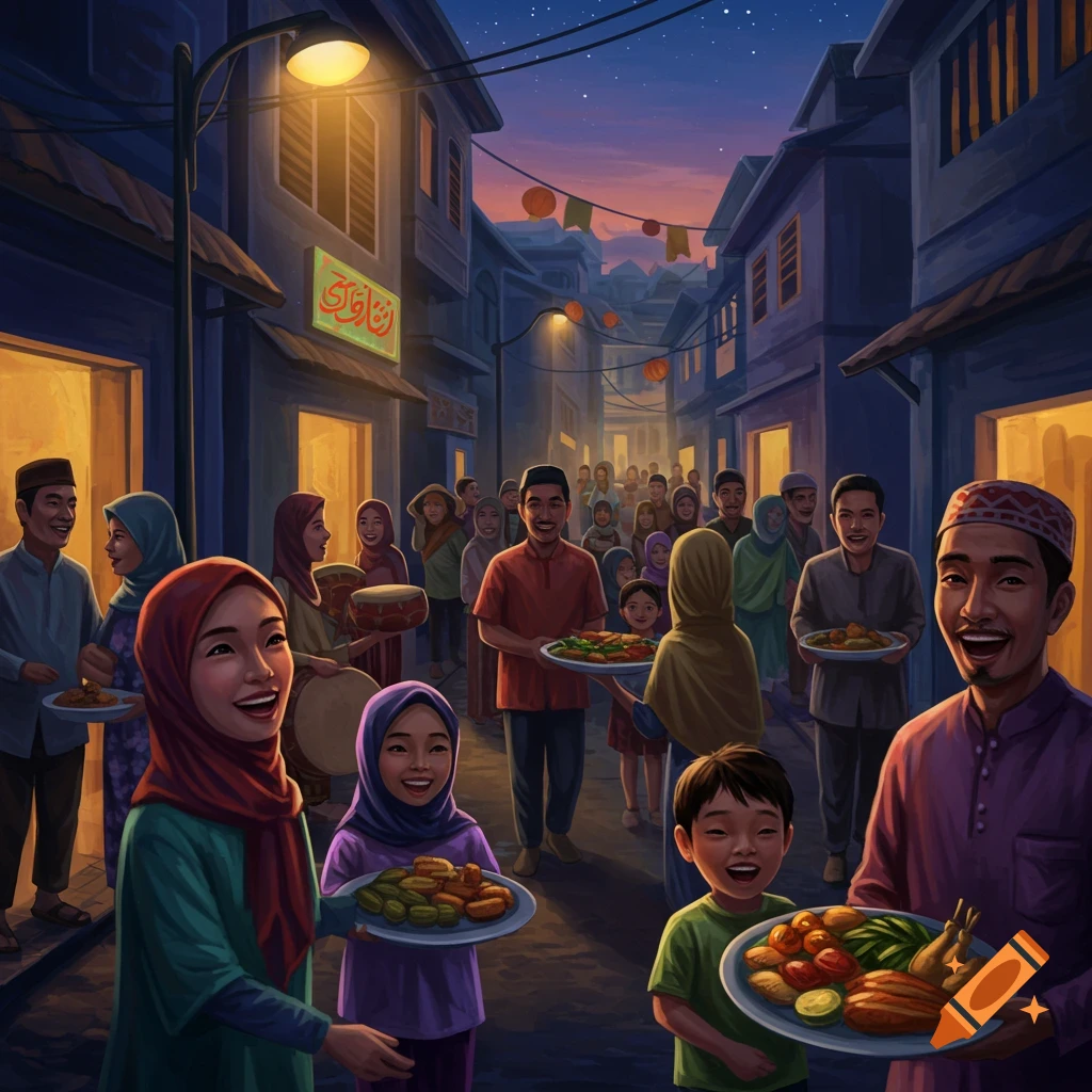 A cheerful community gathering in a street at night, carrying food and drums.
