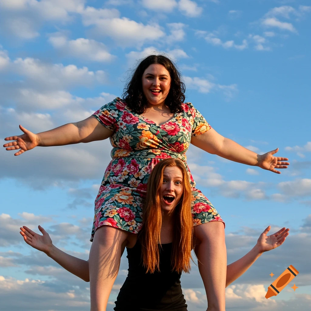 Two women smiling, one sitting on the other's shoulders against a cloudy blue sky.