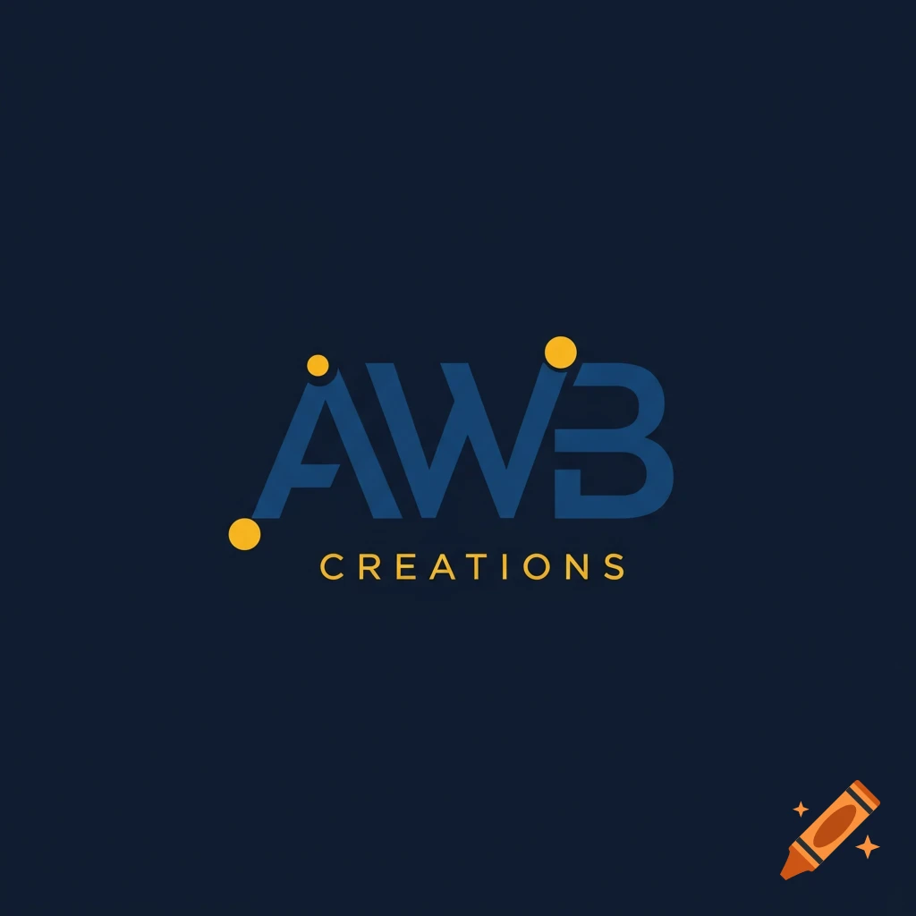 Logo for AWB Creations with blue text and yellow dots on a dark blue background.