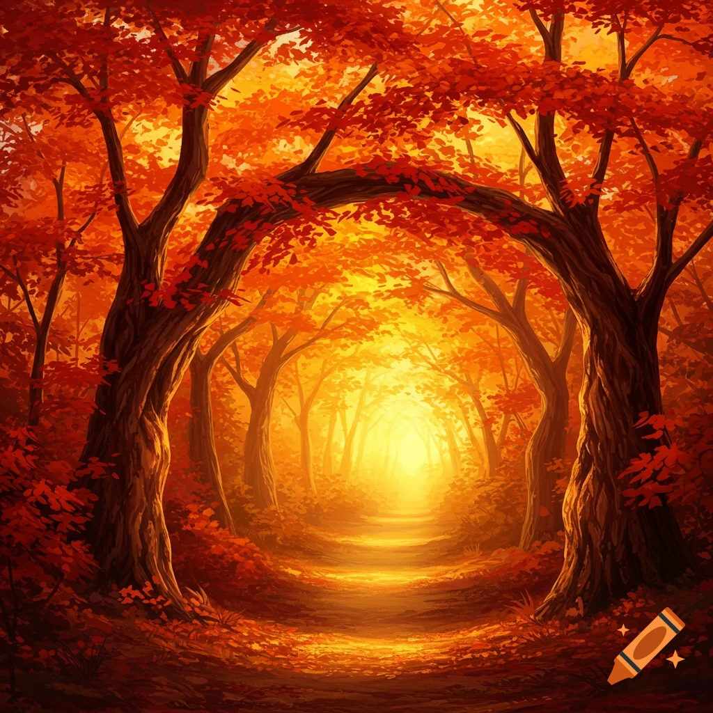 A sunlit path through a forest with vibrant orange and red autumn leaves.