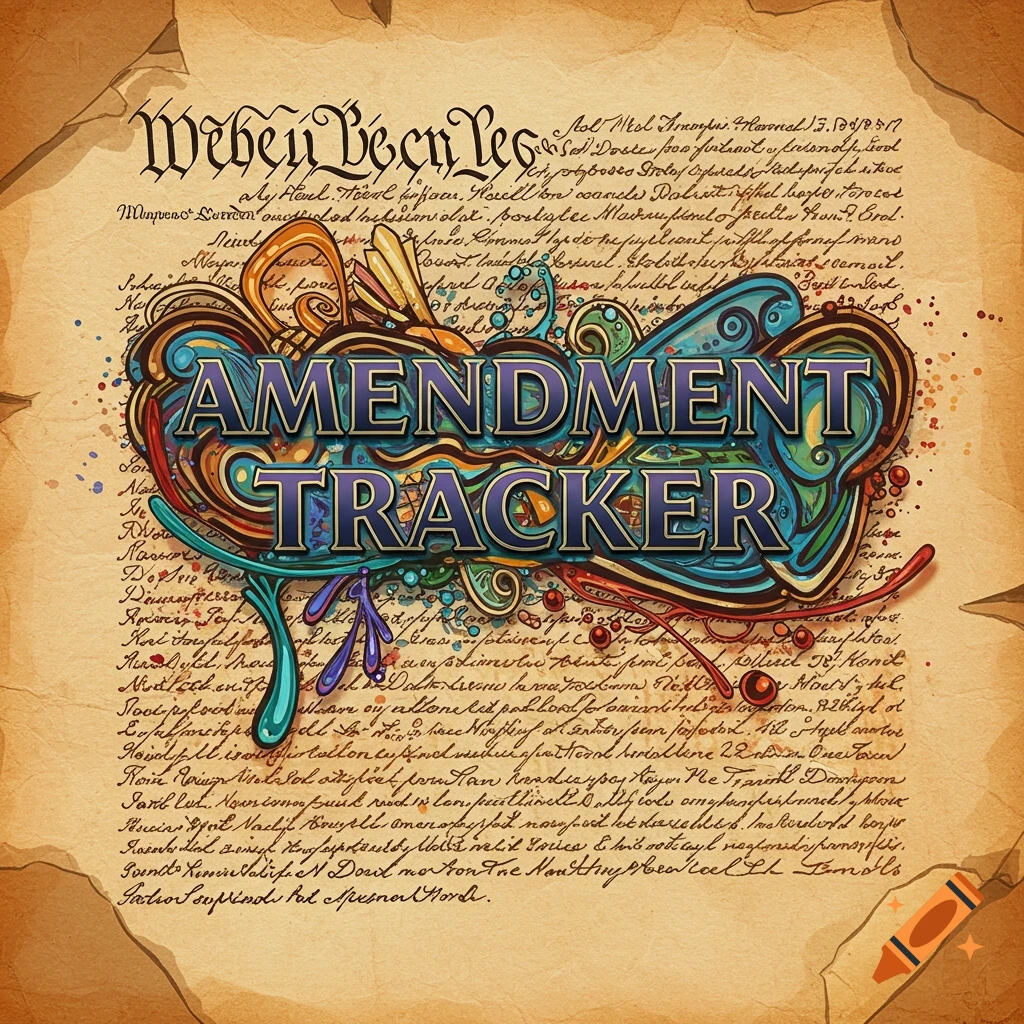 'Amendment Tracker' text on a parchment background with colorful flourishes.