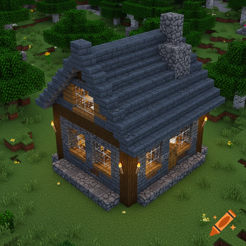 A detailed view of a stone and wood house with a blue roof in a Minecraft forest.