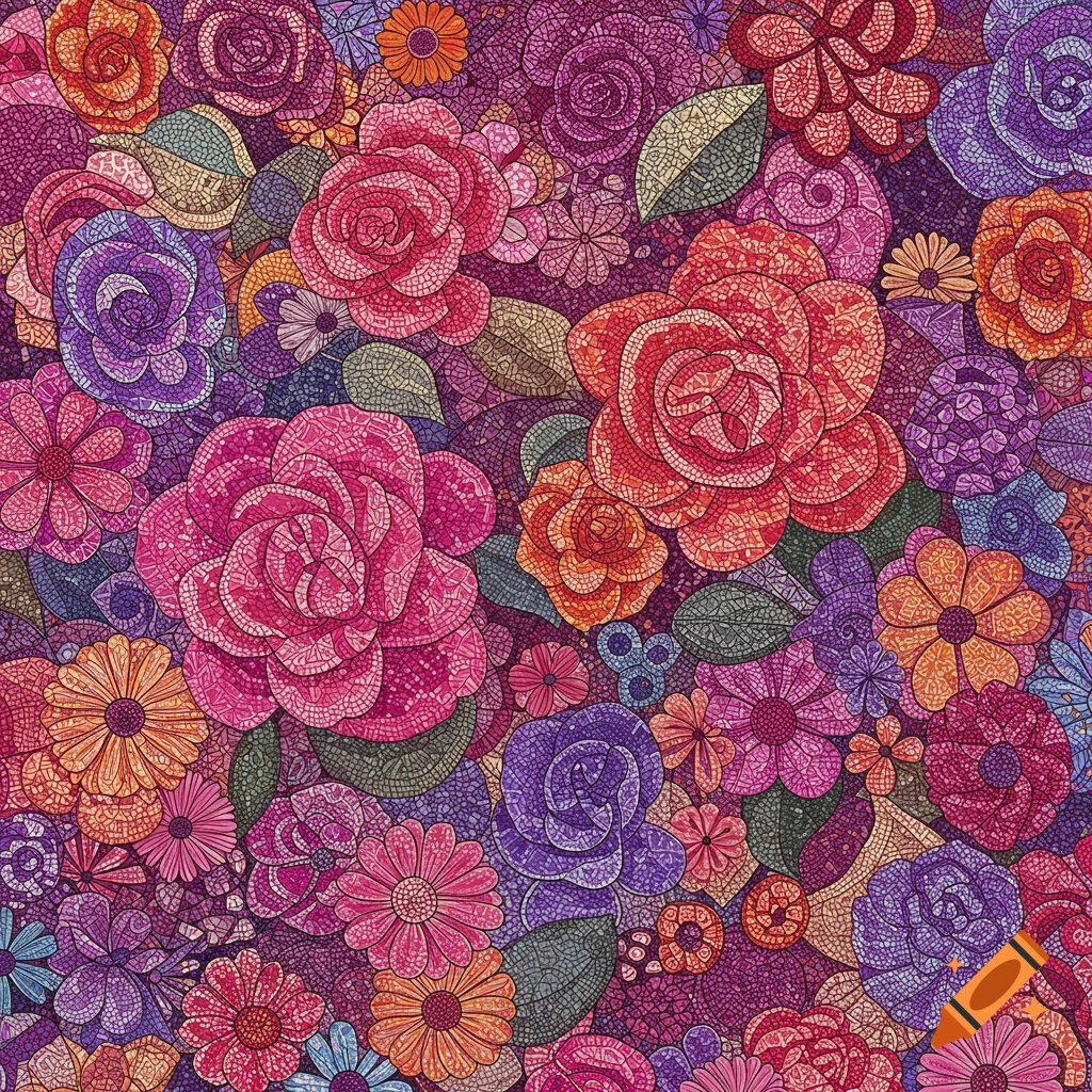 Colorful floral pattern with roses and other flowers in pink, purple, orange, and red with a mosaic texture.