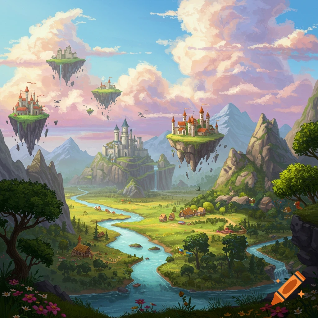 A fantasy landscape with floating islands, castles, a river valley, and mountains.