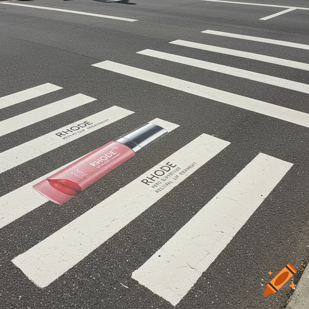 Pink lip gloss tube on a street crosswalk with text on the stripes.