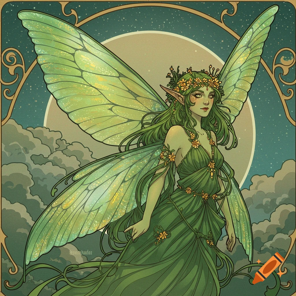 A green fairy with large iridescent wings and a flowery crown, standing among clouds under a starry sky, in an art nouveau illustration style.