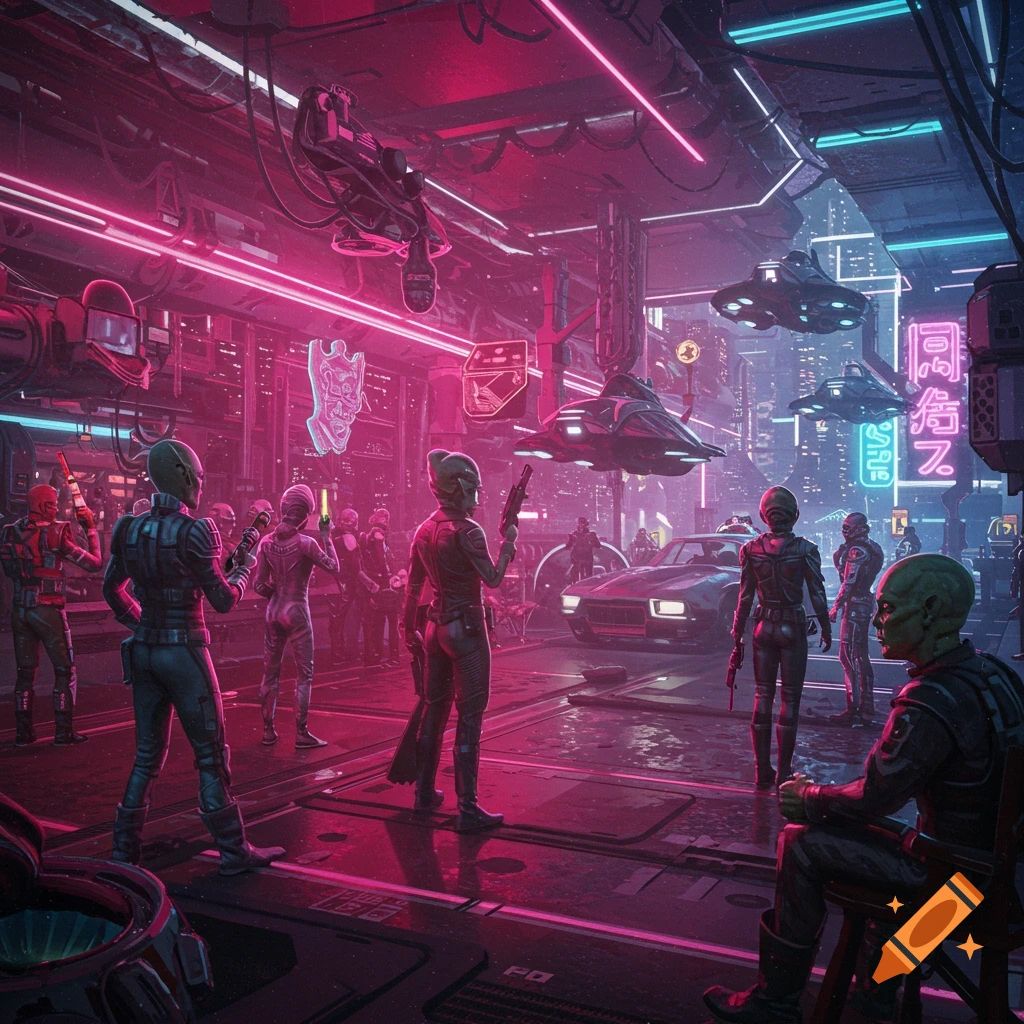 Aliens and spaceships in a futuristic cyberpunk city at night with neon lights.
