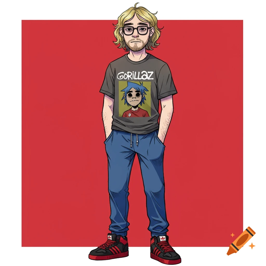 Cartoon illustration of a man in a Gorillaz t-shirt, blue sweatpants, and red/black sneakers against red.